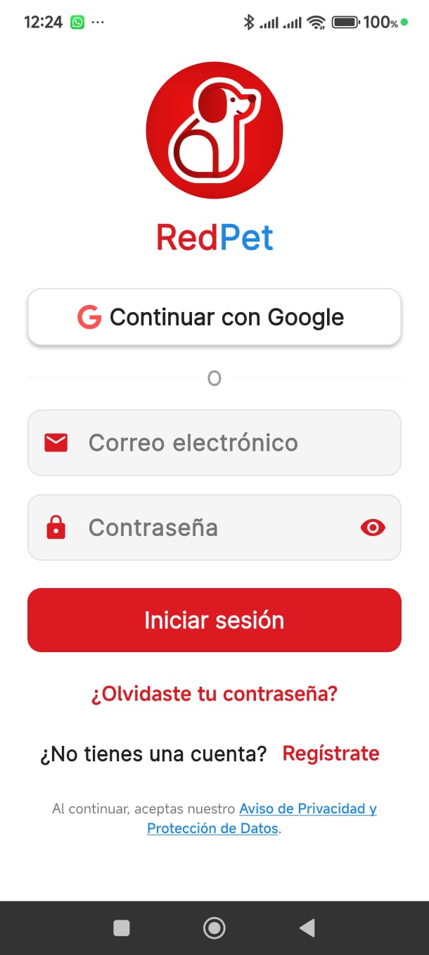 Pantalla de inicio de sesión de RedPet