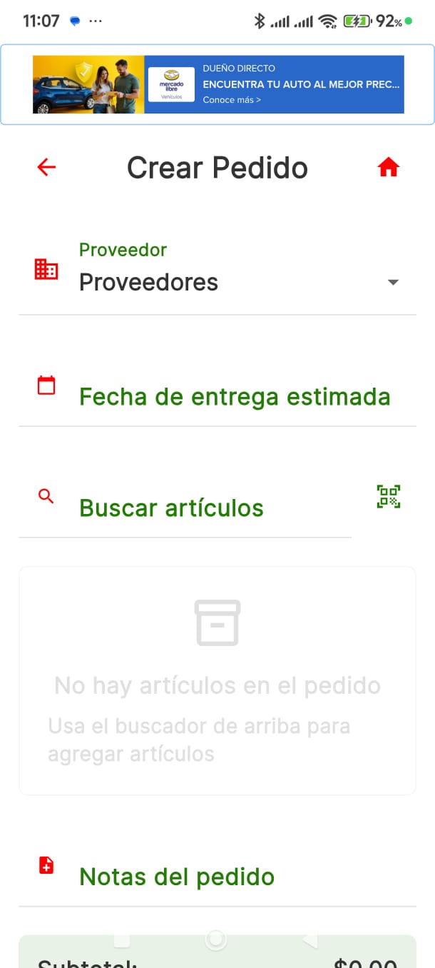 Crear pedido a proveedor