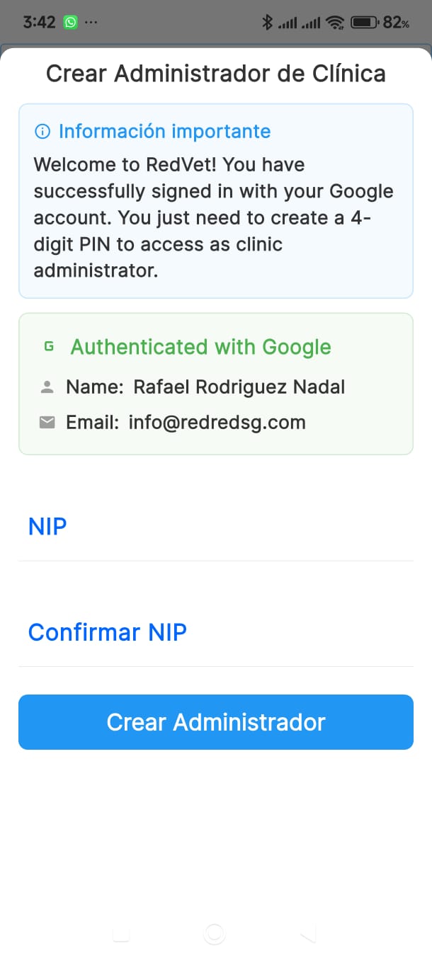 Configuración PIN de Administrador en RedVet